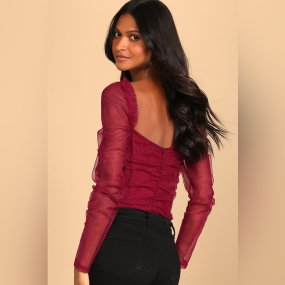 Lulus Burgundy Tulle Ruched Long Sleeve Bodice Bodysuit Size XS Party Night out - Picture 9 of 9
